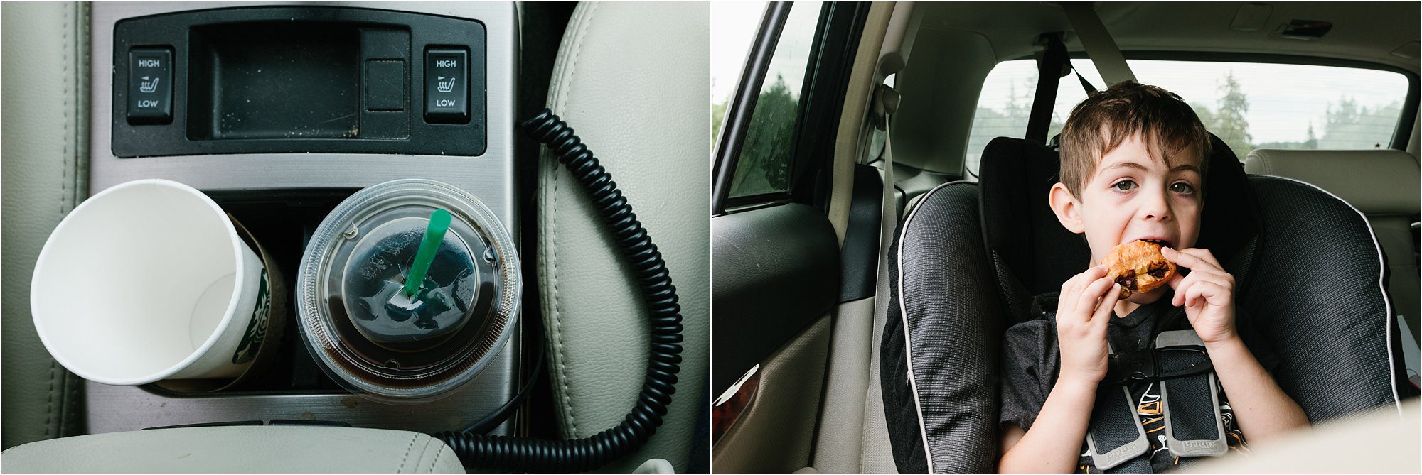 drive through coffee and boy eating croissant in carseat - Kitsap Documentary Family Photographer