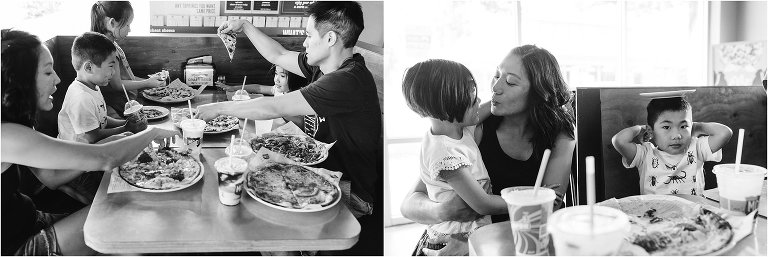 family eats pizza together - Seattle Documentary Family Photographer