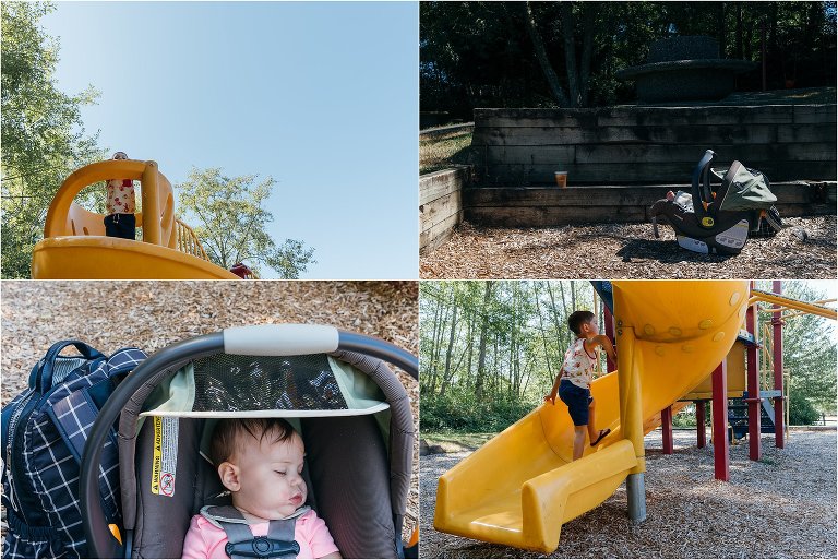 baby naps at park while brother plays - documentary family photography