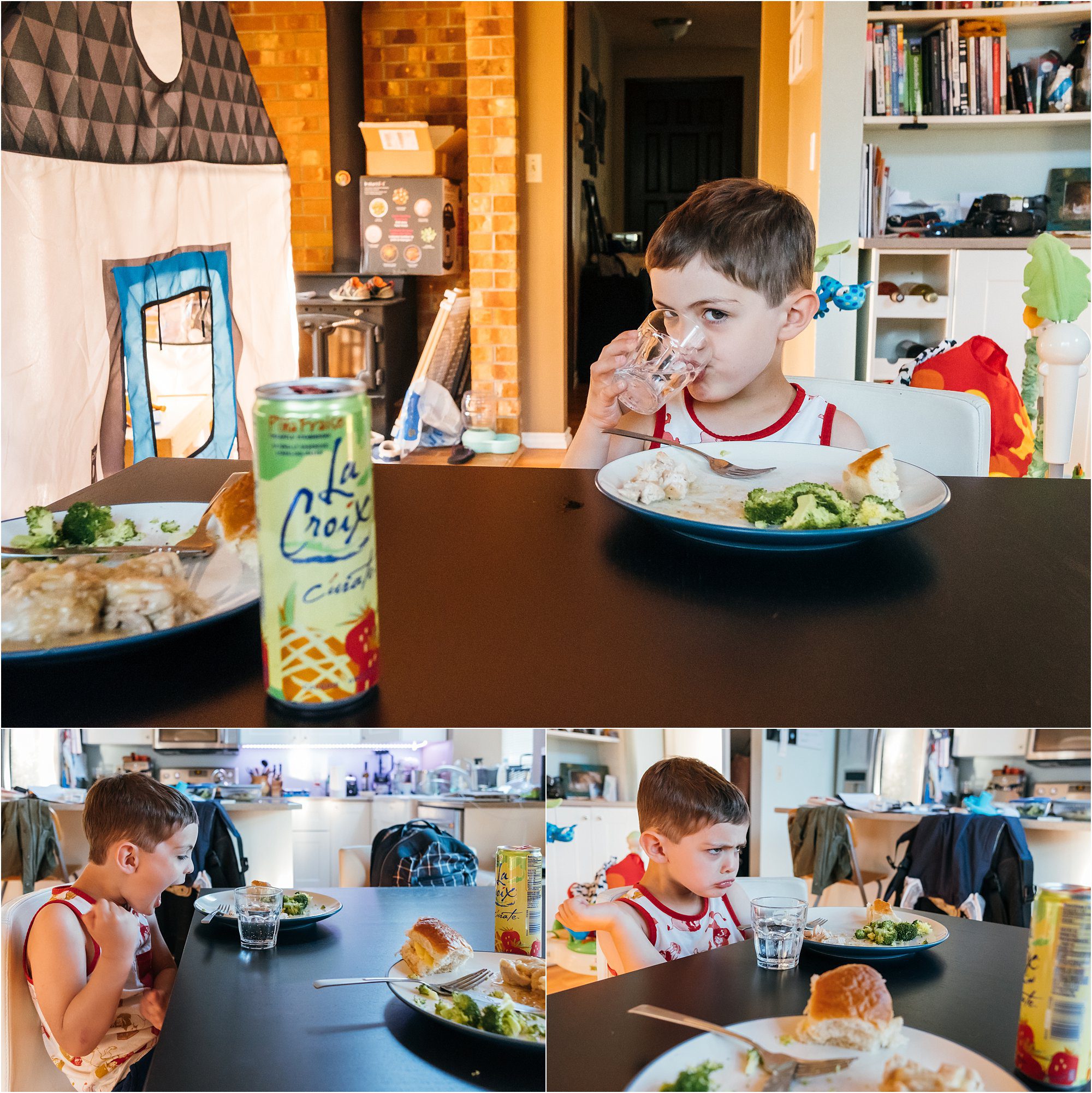 5 year old jams out to music while eating dinner - documentary family photography