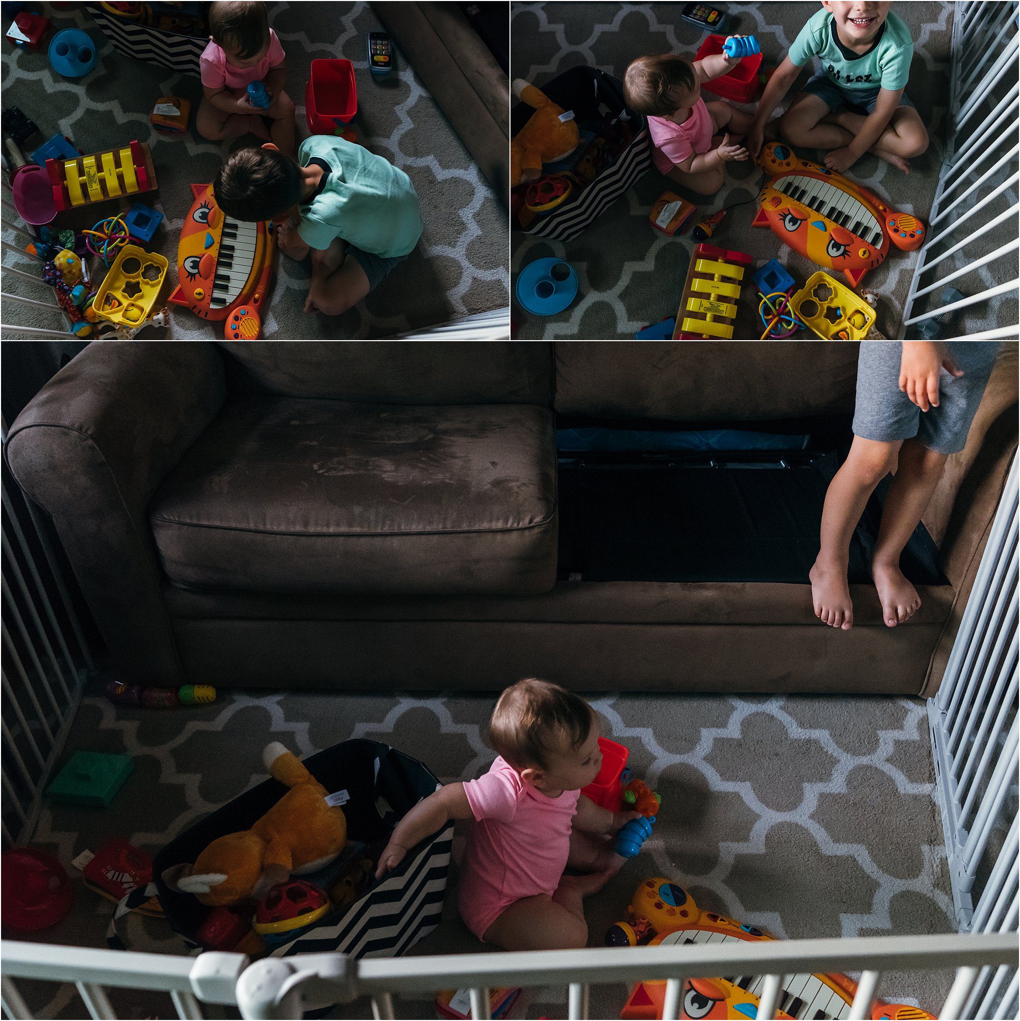 brother and sister play in play yard - documentary family photography
