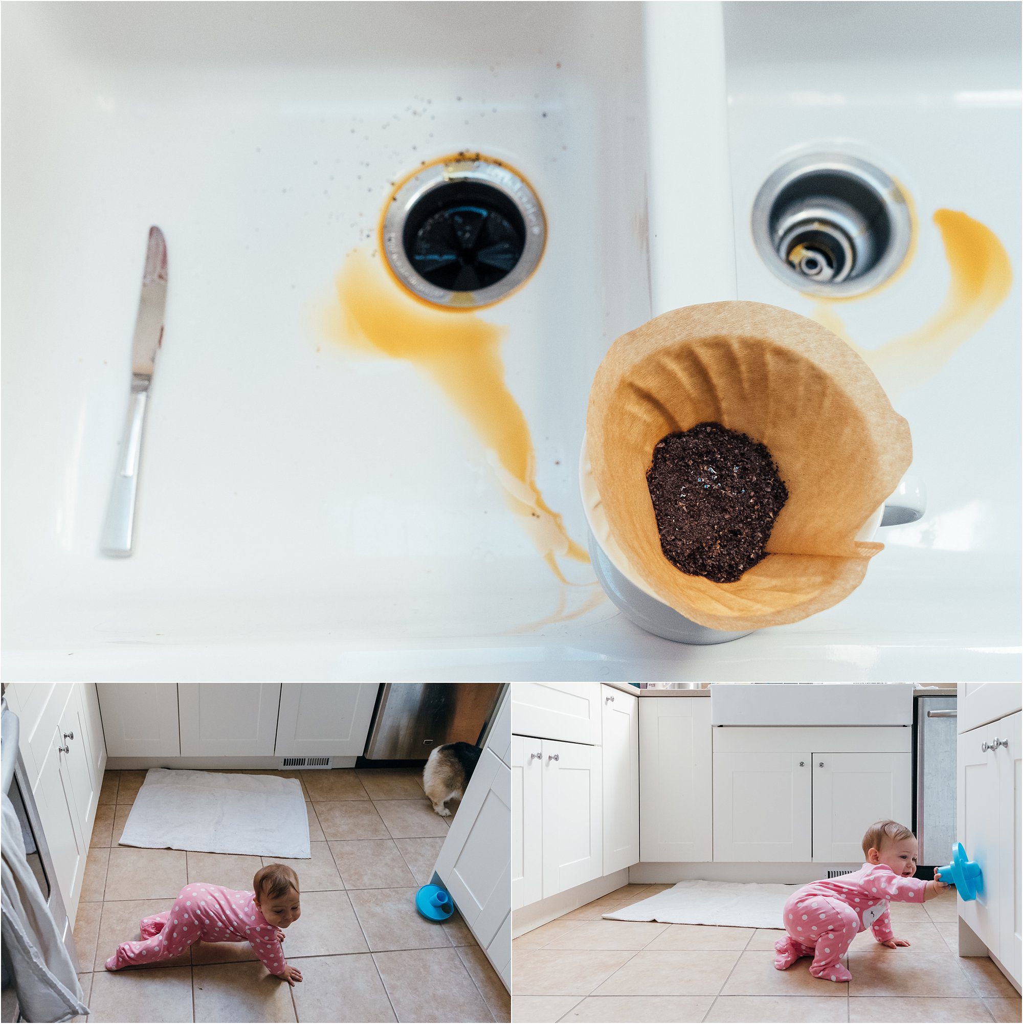 9 month old plays on kitchen floor - documentary family photography