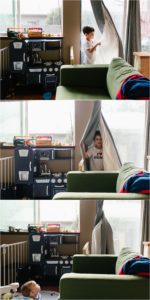 boy plays in curtains - poulsbo documentary family photography