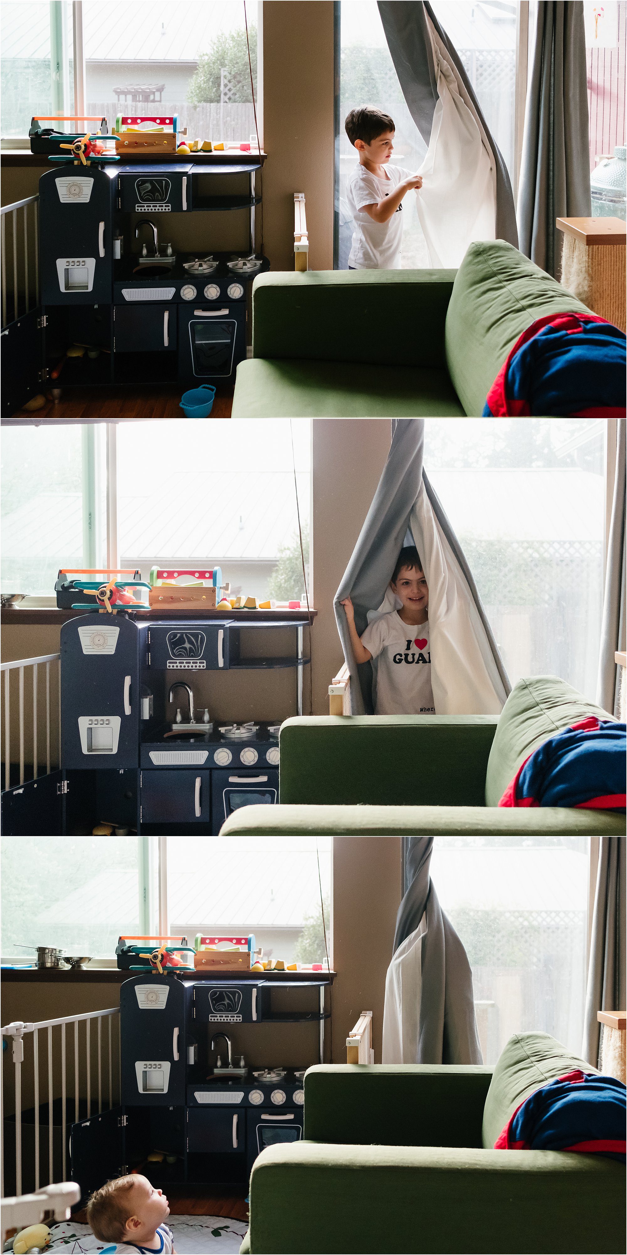 boy plays in curtains - poulsbo documentary family photography