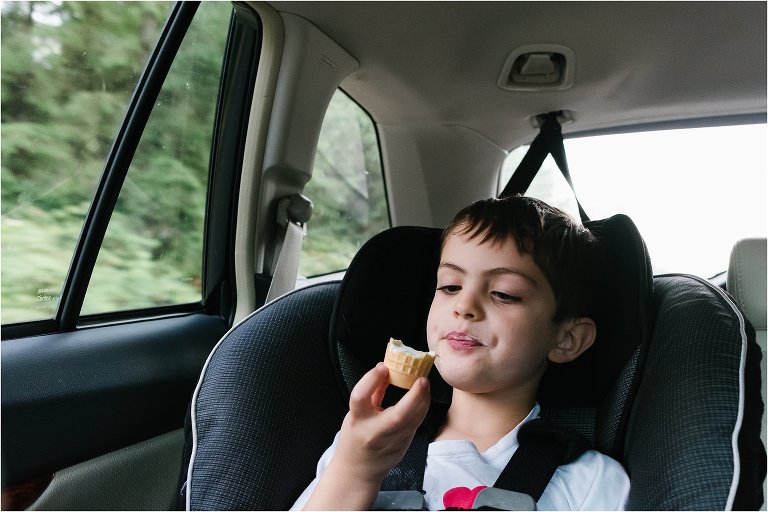 boy eats ice cream in car - poulsbo documentary family photography