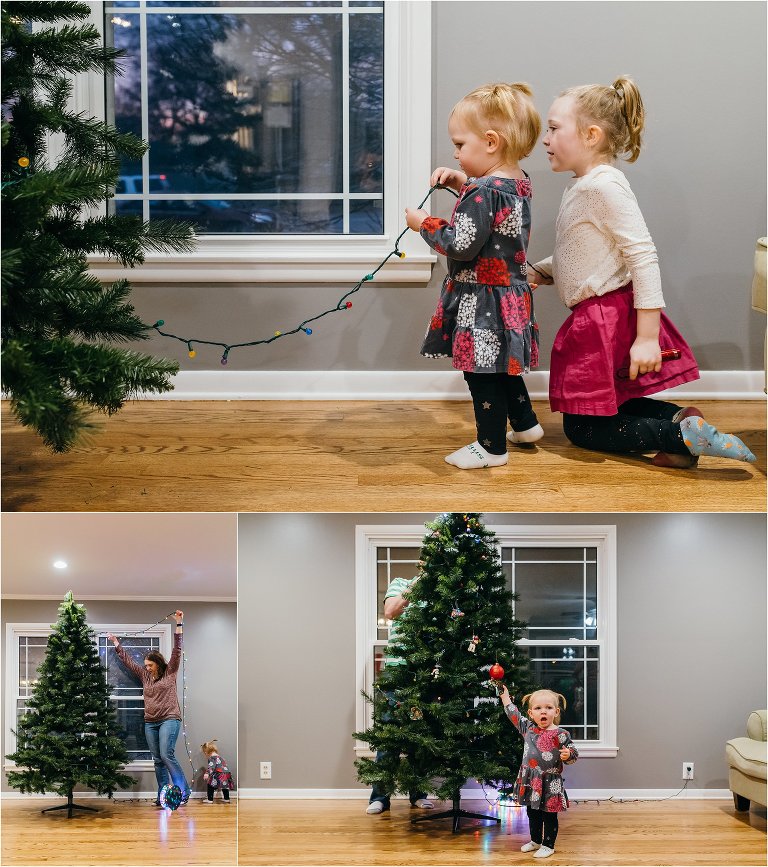 little girls help decorate Christmas tree - Lifestyle Family Photography