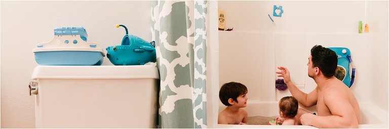 father son and daughter in tub - documentary family photography