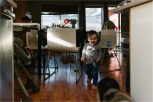 happy baby running through spot of sunlight -documentary family photography