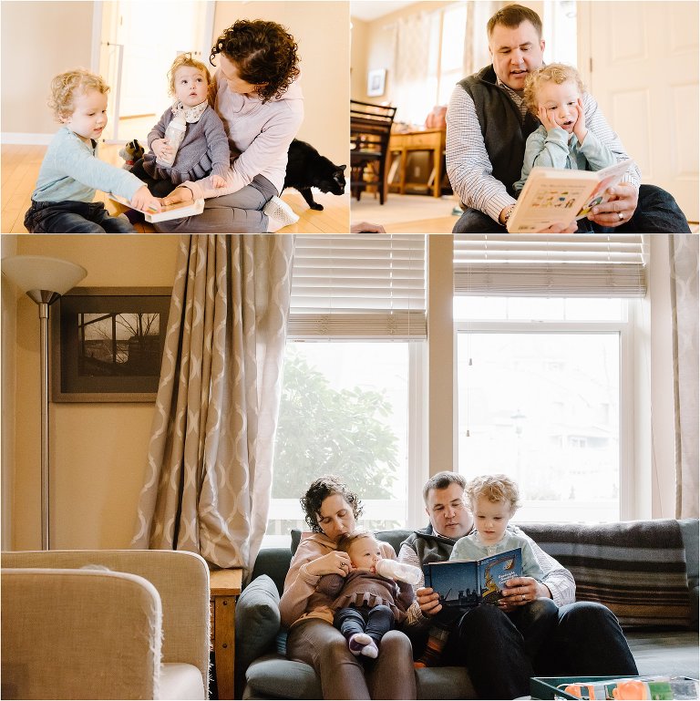 family reading with young children at home - Kitsap Lifestyle Family Photographer