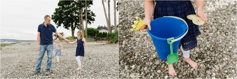 documentary images of kids and father walking along the beach. One child holds a bucket with sand dollar. Father holds girl's hand as she walks barefoot on rocks.
