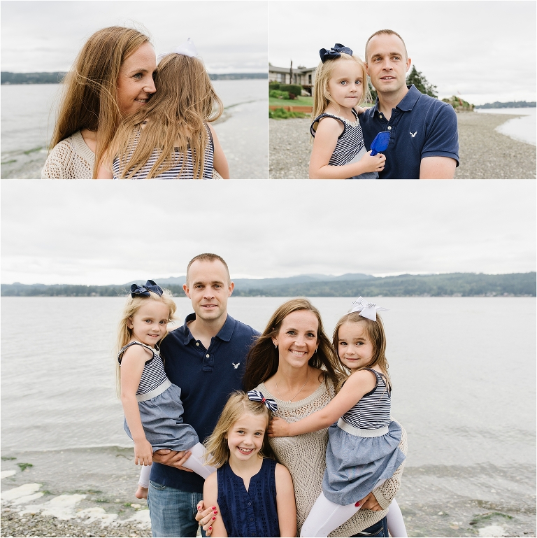 Lifestyle portraits of family of 5 on beach in Washington in overcast weather. Included are mother father older girl and younger twin girls.