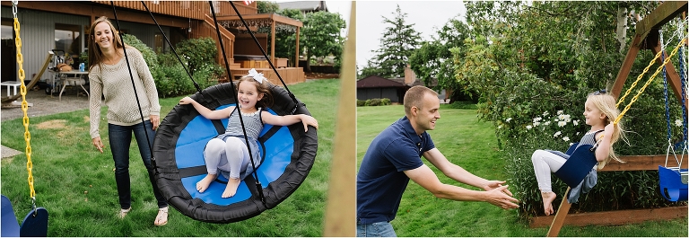 Documentary photos of family playing on swings in backyard.
