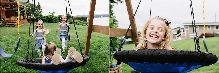 Documentary photos of girls playing on swings in backyard.